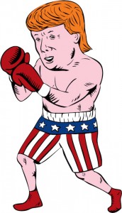 Illustration showing American real estate magnate television personality politician and Republican 2016 presidential candidate Donald John Trump as a boxer in boxing stance weaing stars and stripes flag shorts done in cartoon style.